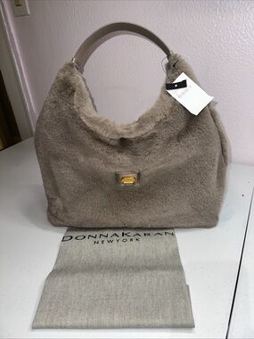 Donna Karan New York Faux Fur Shoulder Bag Taupe NWT store tag $298